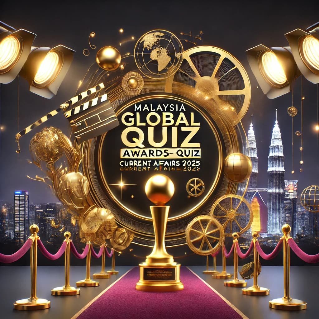 Malaysia Golden Global Awards Quiz 2025 – Cinematic theme with golden trophy, film reels, and Kuala Lumpur skyline in the background.